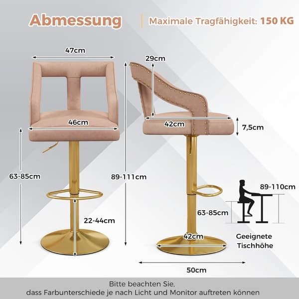 Justerbara barstolar i sammet, rosa, set om 2, 63-85 cm