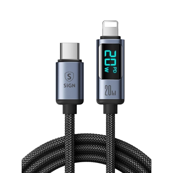 SiGN 20 W USB-C-Lightning-kaapeli näytöllä, 1,2 m - musta