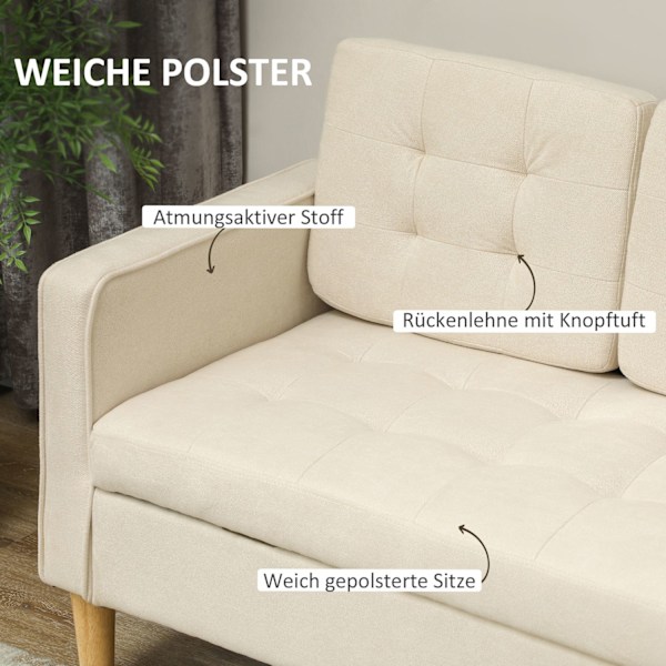 3 personers sofa, sofa med opbevaringsplads, træben, polstret sofa med fløjlslook til stue, soveværelse, 166,5 x 62 x 82 cm, cremehvid
