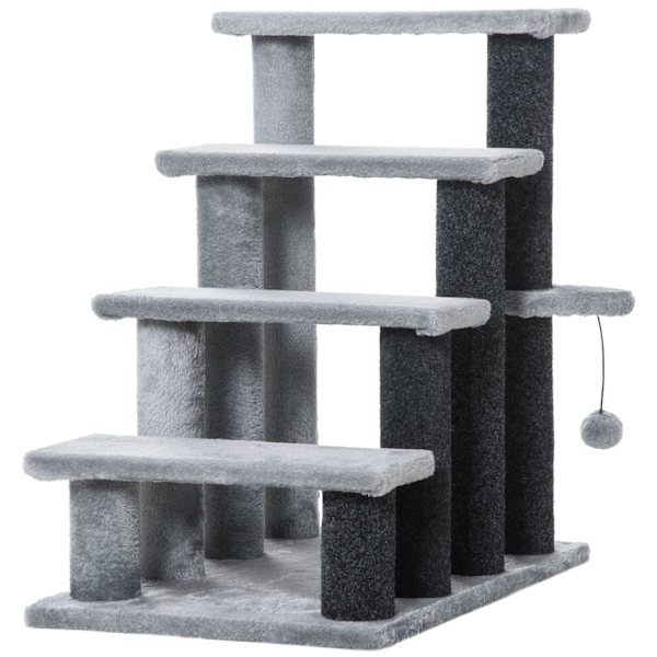 Pet Trappe Kattetrappe Med Kradsestolpe Bold 4-Trins Hundetrappe Dyretrappe Spånplade Plys Jute Grå 60 X 40 X 64 Cm