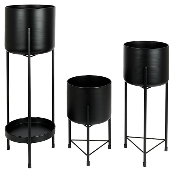 Set med 3 svarta blomkrukor på ställning för elegans