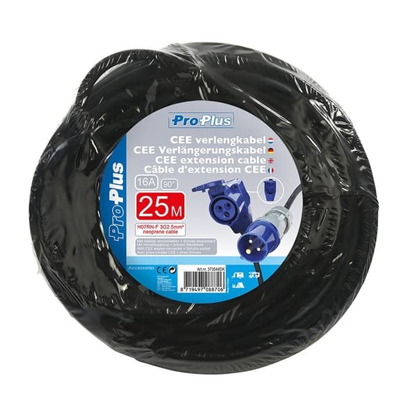 CEE forlængerkabel 25M med CEE vinklet stik + Schuko fatning 3x2,5mm²