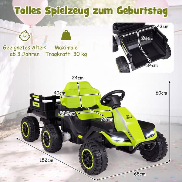 24V Eltraktor för barn med fjärrkontroll, Grön