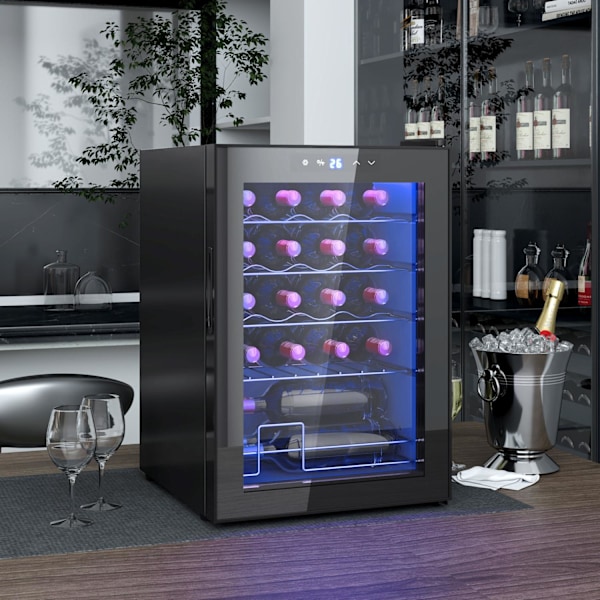 Viinijääkaappi 20 pulloa 53L 5-18℃ Kompressori juomat Jääkaappi UV-suojalasiovella, Pullojääkaappi LED-valolla, Pieni Viinikaappi Kosketusnäytöllä Mus