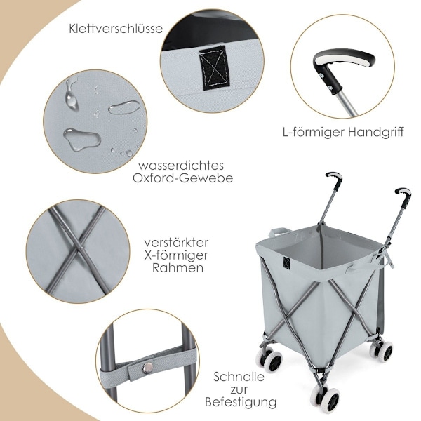 Taitettava ostoskärry pyörillä Tilavuus 90L/55kg Käsikärry irrotettavalla Oxford Bag Grey