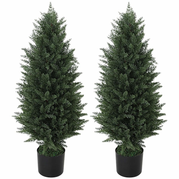 Kunstig Cypres Sæt med 2 store 90 cm kunstige planter, kunstige planter i potte, UV-resistente kunstige træer som ægte dekoration til stue soveværelse