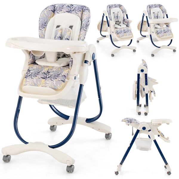 Fällbar barnstol med hjul & justerbar höjd & fotstöd & ryggstöd Babysits Marinblå