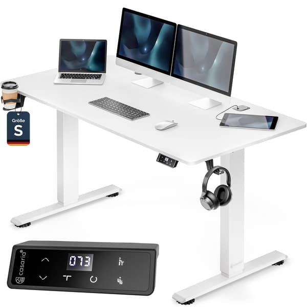 Højdejusterbart skrivebord, hvidt, 120x60 cm, USB-porte