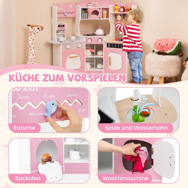 Hörnlekök i trä med ljud &amp; Ljus &amp; Kaffemaskin &amp; Slide Toddler Kitchen Lekset Rosa