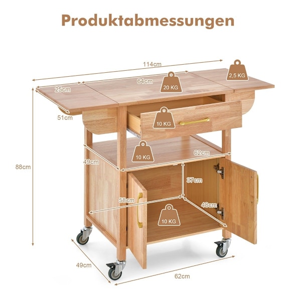 Köksvagn med hopfällbar bänkskiva & låda & skåp serveringsvagn naturell
