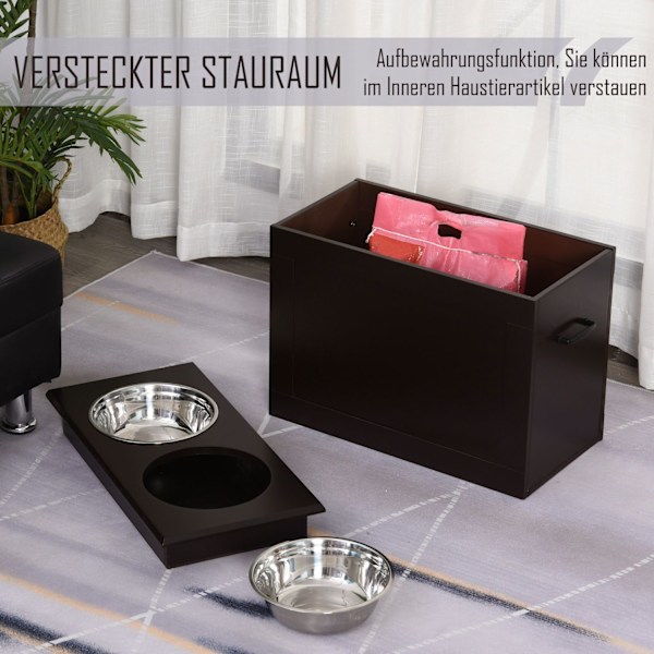 Hundmatskål Med Förvaringsutrymme 2 Skålar Foderstation Rostfri Skål Kattskål Mdf Rostfri Espresso 60 X 30 X 41 Cm