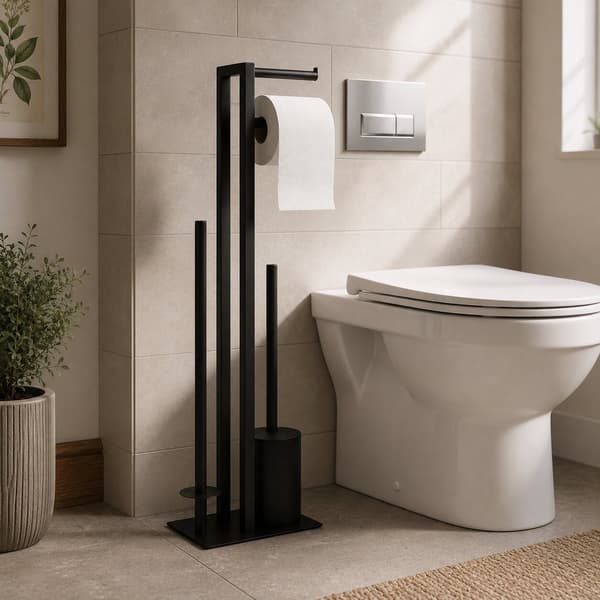 Sort badeværelsesstativ med toiletpapirholder og børste