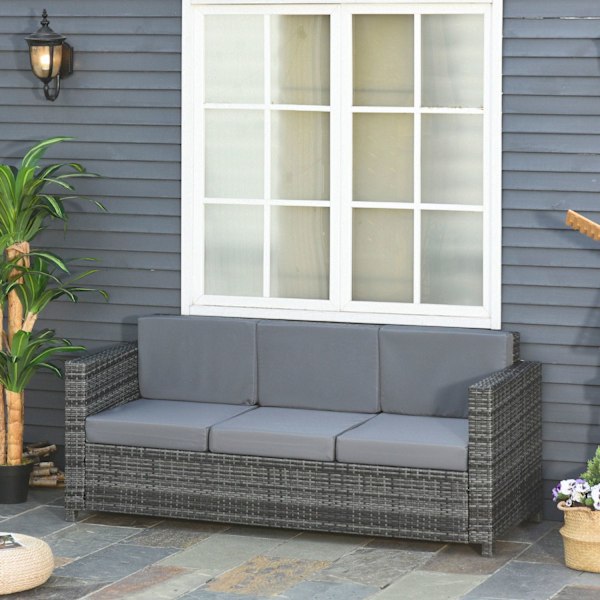 Haveloungesofa i polyrattan 3-personers med hynder, grå, metal og polyester, 185 x 70 x 80 cm, ideel til terrasse og altan