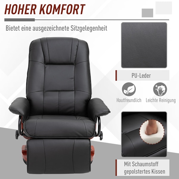 Afslapningsstol, Tv-Stol, Hvilestol Med Fodstøtte Af Kunstlæder, 360° Drejestol, Træfod, Sort, 145° Vipbar, 78 X 87 X 100 Cm