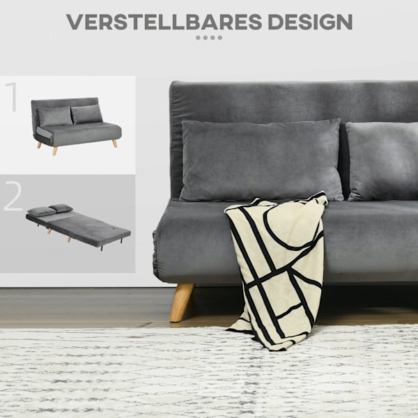 Sovesofa 2-Personers Sofa Med Sengefunktion, Klapsofa Med Justerbart Ryglæn, Hynder, Sovesofa Med Fløjlslook, Grå, 130 X 78 X 79Cm