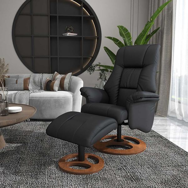 Relaxstol med pall, elektrisk TV-stol med liggfunktion, 130° lutbar, svart konstläder, 77 x 89 x 110 cm