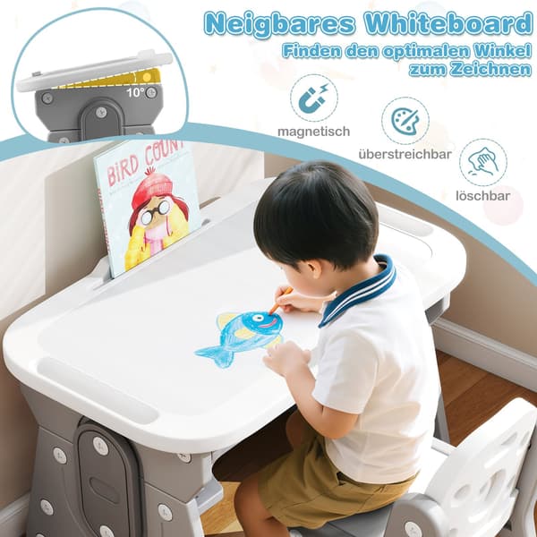 Justerbart barnbord och stolsset med lutbar whiteboardtavla