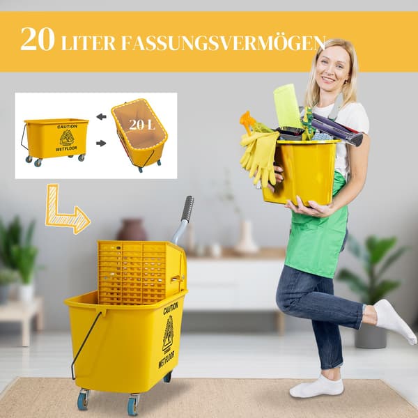 Puhdistuskärry pyörillä, tilavuus 20L, keltainen