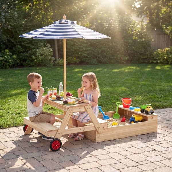 2-i-1 træsandkasse og picnicbord med paraply, blå