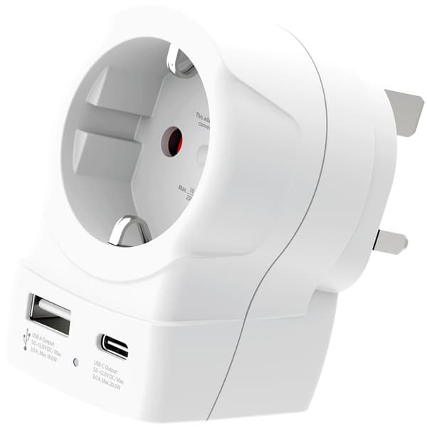 EU til UK stikadapter, USB-A/USB-C 20W PD jordet