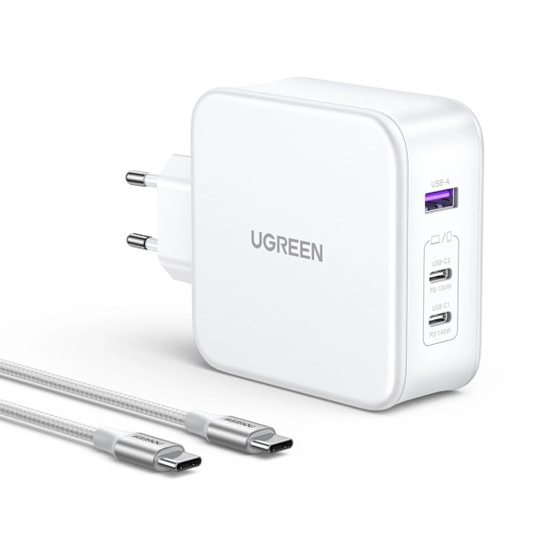 Ugreen GaN Hurtigoplader 2x USB-C, 1 x-USB-A, PD, QC + USB-C kabel, 1,5 m - Hvid - Hvid