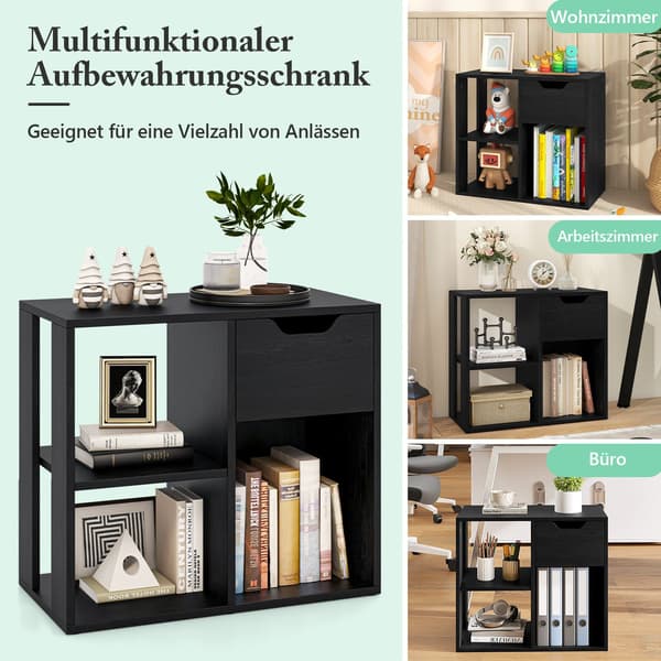 Træreol med skuffe og 3 rum, sort