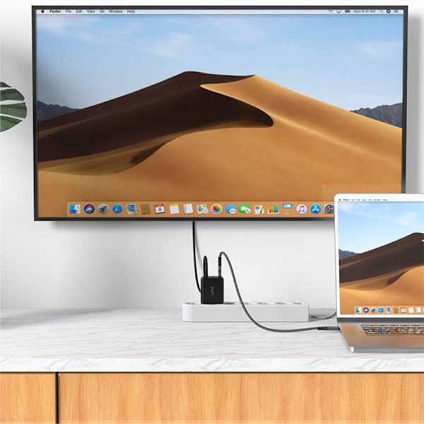 2-i-1 väggladdare med USB-C-kabel + USB-C - HDMI 4K-adapter, svart