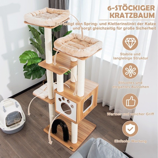 176 cm 6-lags kradsestolpe med hyggelige måtter & Cave & Cat Arch Beige