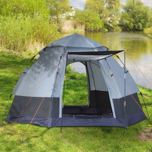 Camping Teltta 3-4 Hengen Teltta Perheteltta Dome Teltta 210T Pu 3000Mm Helppo Asennus Teräs Lasikuitu Harmaa+Musta 240 X 240 X 195 Cm