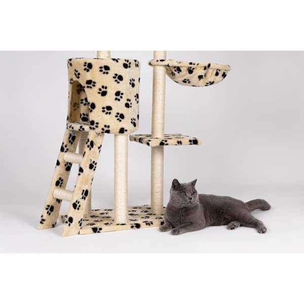 Kattskrapa, hus, träd, säng, 138cm xl, tasstryck