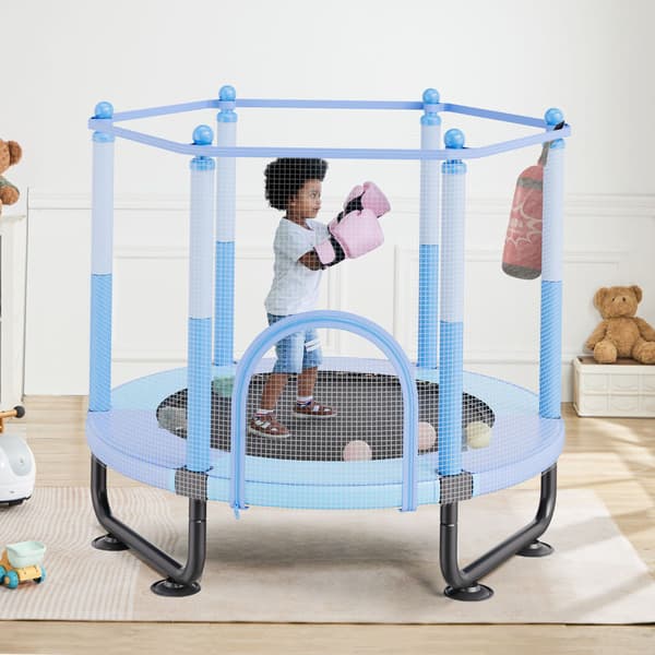 Studsmatta för barn 152 cm med säkerhetsnät, basketkorg, blå