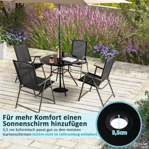 Havebord med hærdet glas bordplade terrassebord med paraplyhul 86 x 86 x 71 cm sort