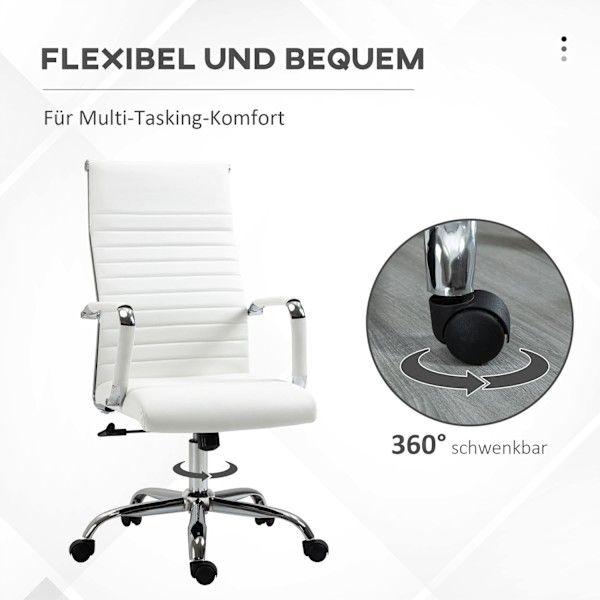 Kontorstol med vippefunktion, stålfødder, ergonomiske, 360° drejelige hjul, imiteret læder, bæreevne 120 kg, 54 x 62 x 104-114 cm, hvid