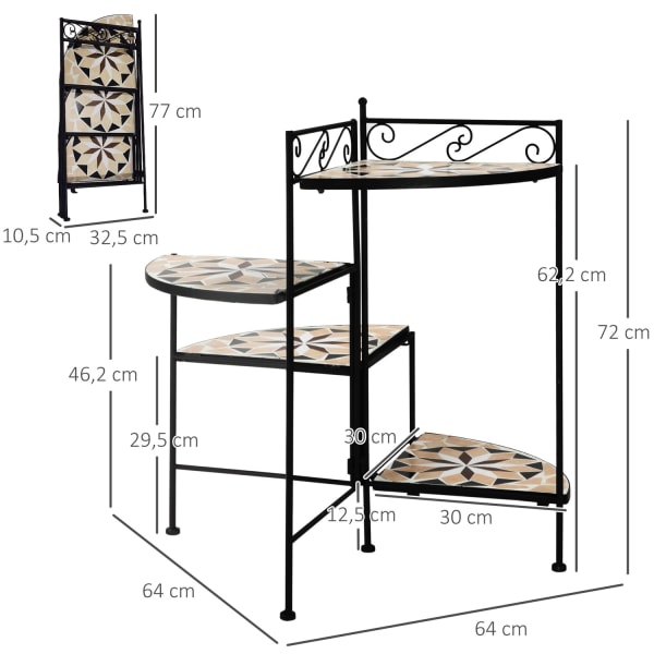Blomsterstativ 4-Trins Sammenfoldelig Blomstertrappe Til Have Og Altan, Metal Med Keramiske Fliser, Sort+Beige, 64X64X72Cm