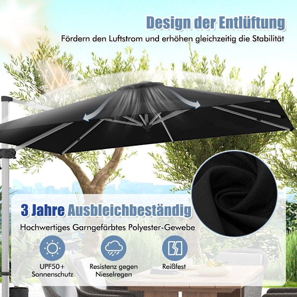 Rektangulær parasol 300 x 300 cm stor cantilever parasol med håndsving sort