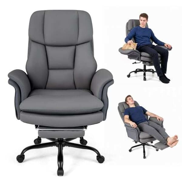 Ergonomisk kontorstol med krydsben og fodstøtte, grå