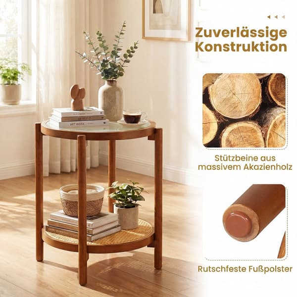 Boho sidebord i 2 niveauer med hærdet glasplade, valnød