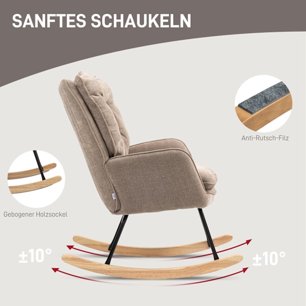 Gungstol, fåtölj, amningsstol med chenille-look, gungstol upp till 120 kg lastkapacitet för sovrum, vardagsrum, brun