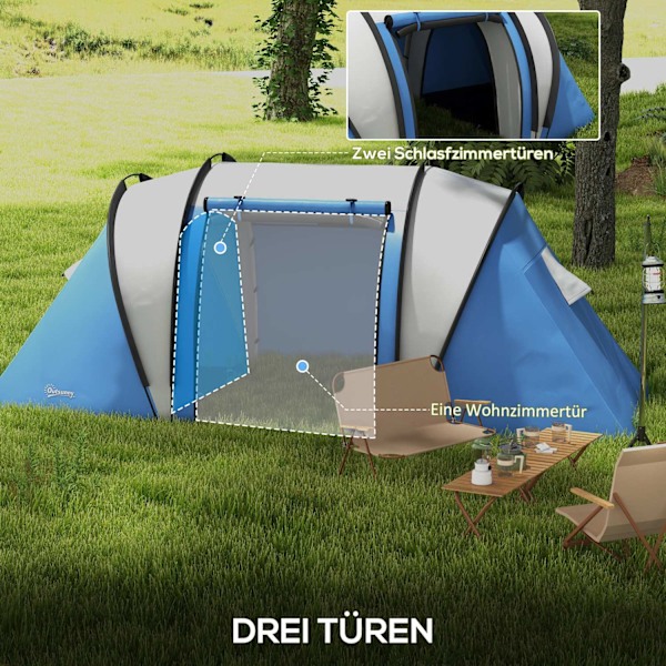 Campingtelt til 4-5 personer, letvægts, vandafvisende familietelt med 3 rums sidedørsvinduer, telt med 3000 mm vandsøjle, tunneltelt, kuppeltelt til c