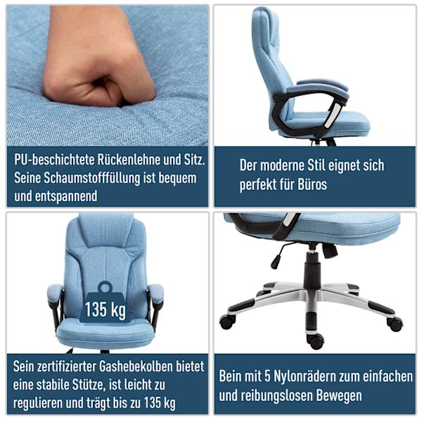 Kontorstol Computerstol Drejestol Højdejusterbar Vippefunktion Lyseblå Linned 66X75X110-120Cm