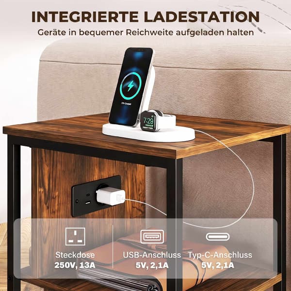 Sidebord med ladestation, rustik brun finish