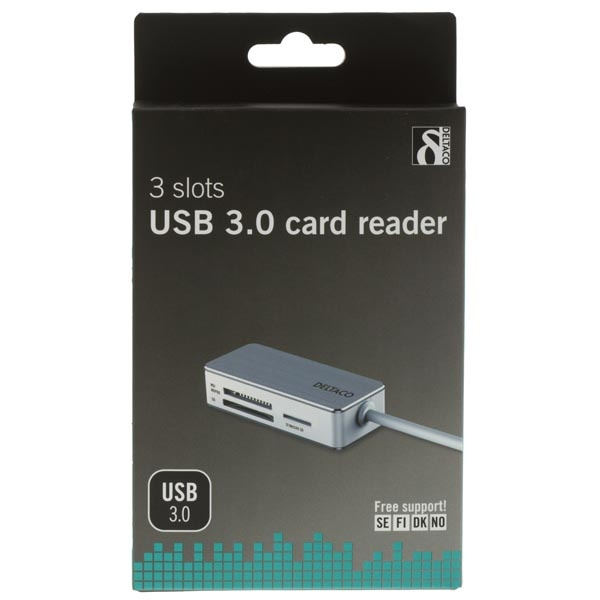 DELTACO USB 3.0 minneskortläsare, 3 platser, stöder SDHC, Micro-SD, TF, MS PRO/DUO