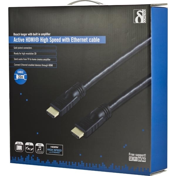 DELTACO Active HDMI kabel, 20m, sort