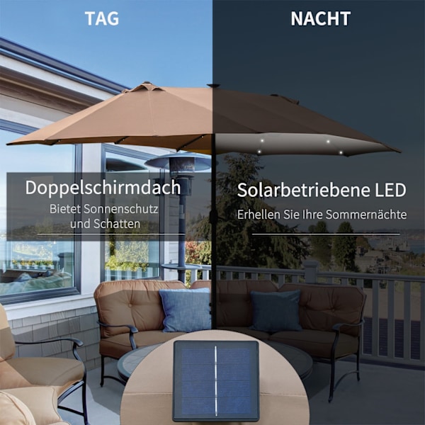 Aurinkovarjo LED-kaksoisvarjolla 440 x 260 cm puutarhasateenvarjo patio sateenvarjo iso soikea käsikammalla ja metallirungolla khaki
