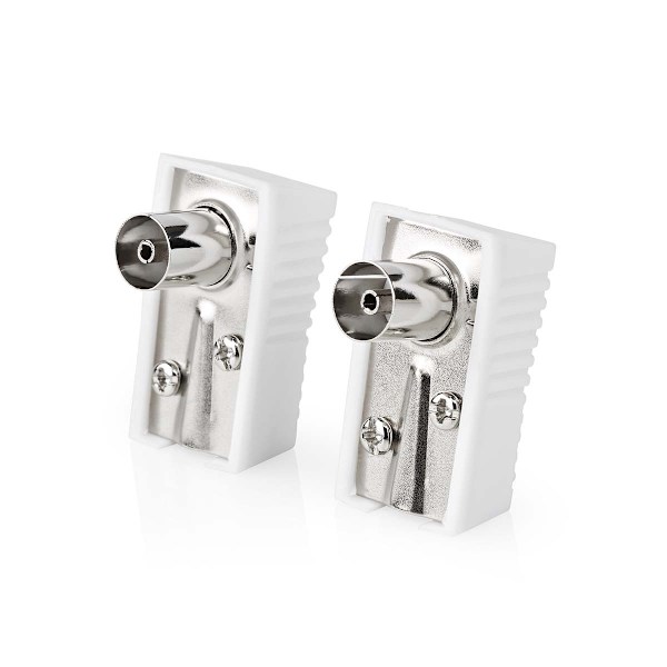IEC (coax) | Vinklat | Hona | Nickelplaterad | 75 Ohm | Skruva | Kabel input diameter: 7.0 mm | Metall / PVC | Vit | 2 st. | Låda