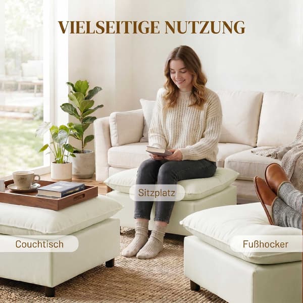Moderne stofpuf med plastikben, 75 cm, cremehvid