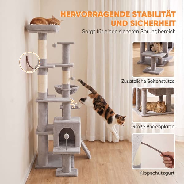 Högt klösträd med hängmatta, klösträd, ljusgrå