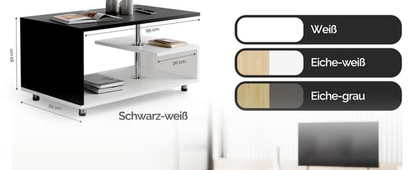 Sofabord, hvid/sort, 95x55x50cm, moderne design