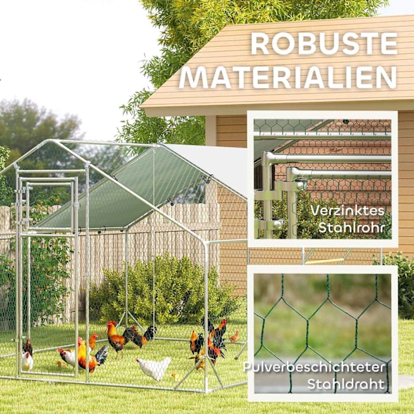 Frigående hönsskåp av stål, 300 x 400 x 195 cm hönsbur med UV-beständigt lock, foderlucka, hängfoder, abborre, hönsskåp för 12-18 kycklingar, smådjur,
