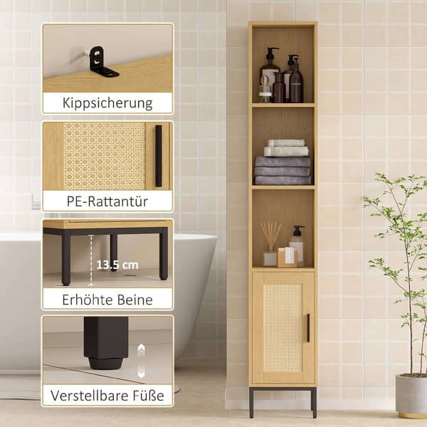 Högt badrumsskåp, smalt trälook med justerbart hyllplan